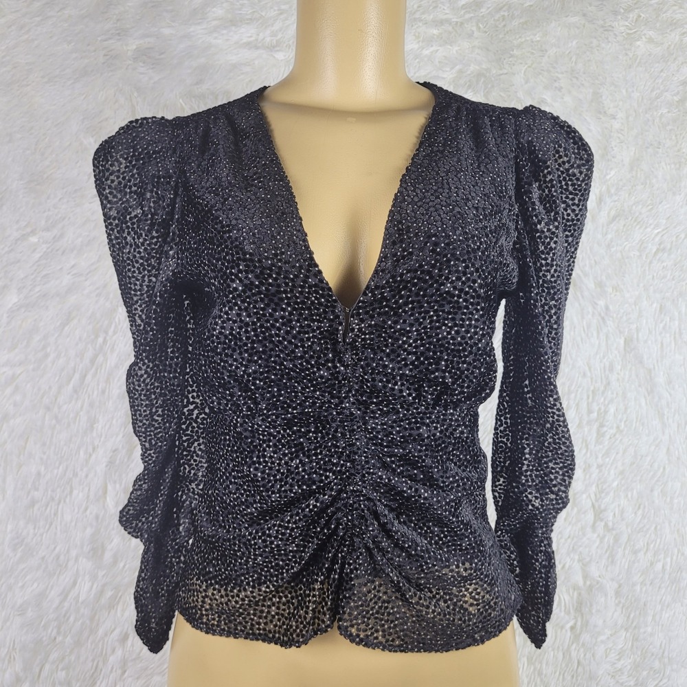 ASTR The Label Black Velvet Polka Dot Puff Sleeve Ruched V-Neck Blouse XS